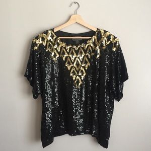 Vintage 100% Silk Lined Black and Gold Sequin Top